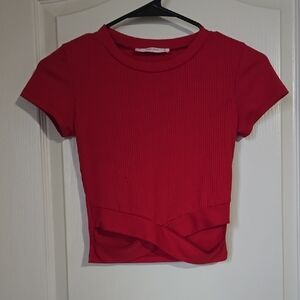 Red Ribbed Short Sleeve Top